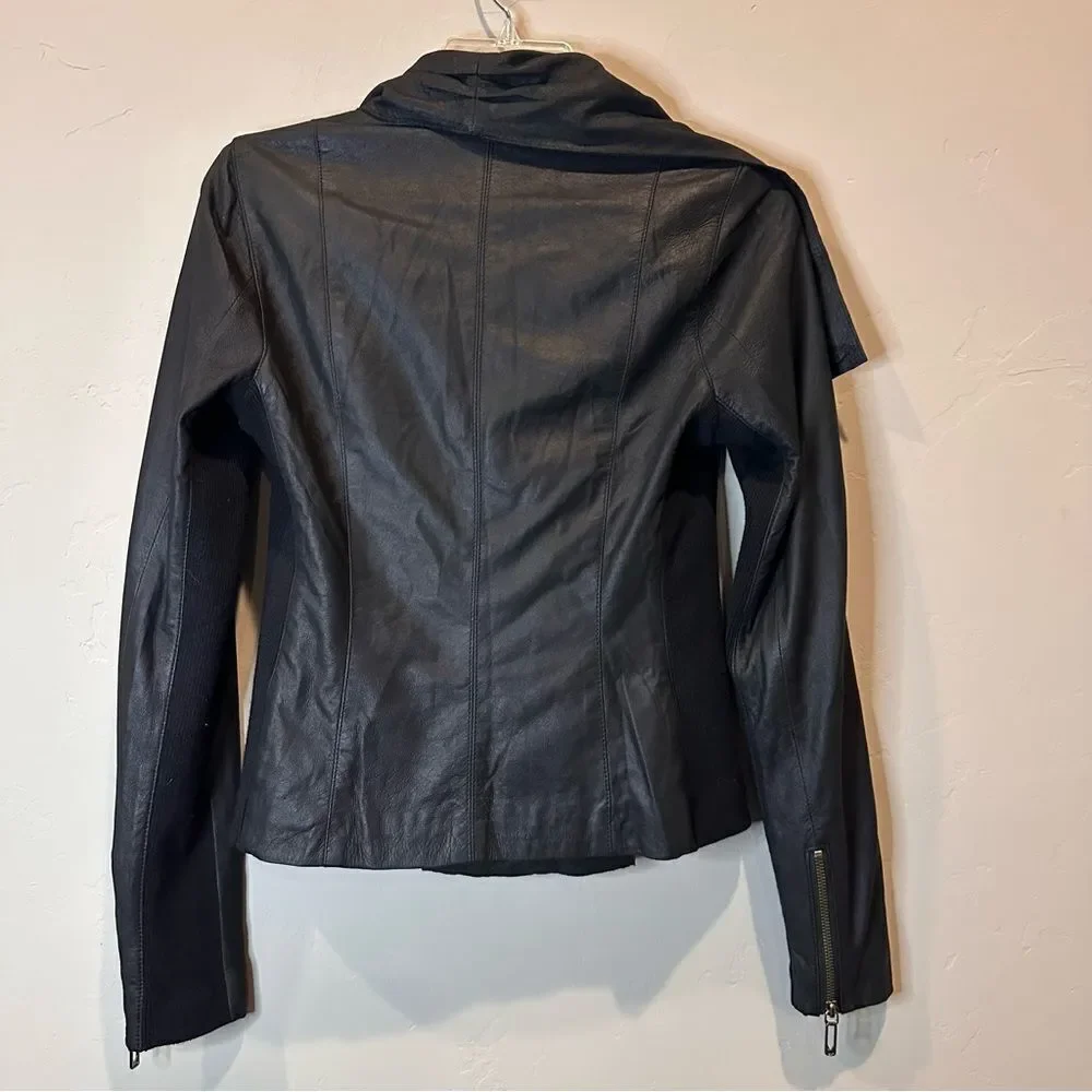 Vince | black leather moto asymmetrical zip paper leather knit moto style jacket - Picture 5 of 5